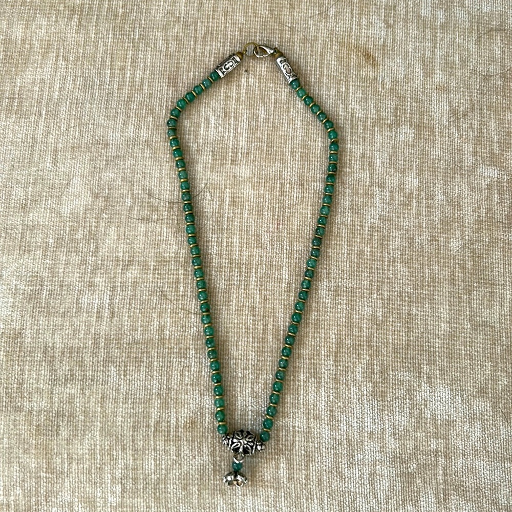 Green jade , brass and silver beaded necklace